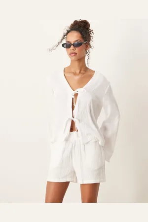 JDY Camisa blanca con lazada delantera de bambula de (parte de un conjunto)