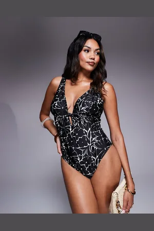 ASOS Bañador de copas grandes escotado con estampado floral y abertura de -Negro
