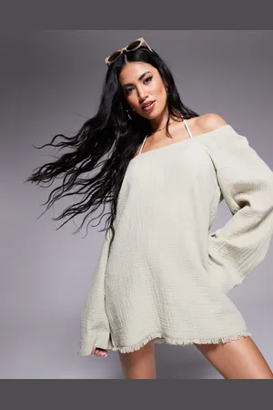ASOS Vestido playero lavado de manga larga con bajo desflecado de bambula Callie de