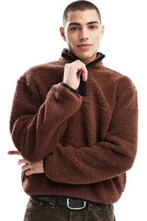 ASOS Sudadera marrón claro de corte cuadrado extragrande con cremallera corta de borreguito de