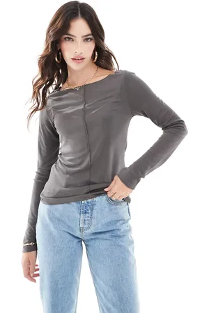 AWARE Top marrón topo de manga larga con detalle de costura de -Gris
