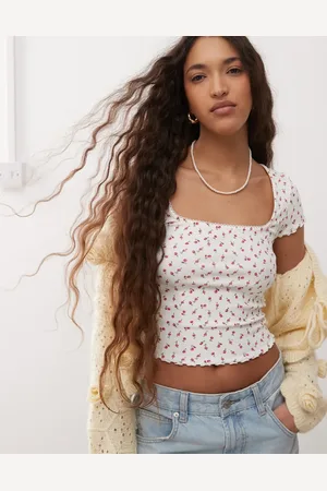 Miss Selfridge Top de manga corta de canalé con estampado de y ribete de encaje de -Multicolor