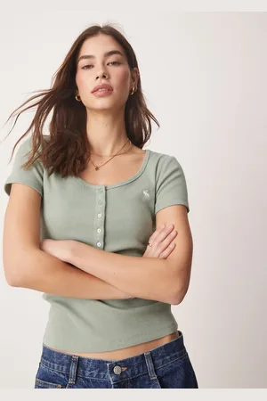 Abercrombie & Fitch Camiseta verde de manga corta con botones y logo de icono de