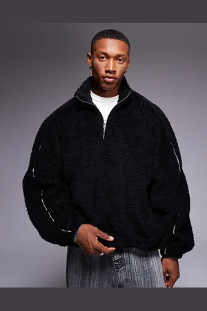 ASOS Sudadera negra extragrande con cremallera corta y ribetes de borreguito de