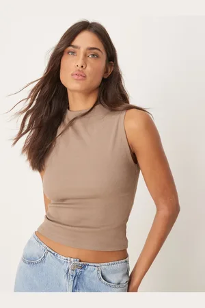 Gina Tricot Top marrón claro sin mangas con cuello alzado de punto liso de -Neutro