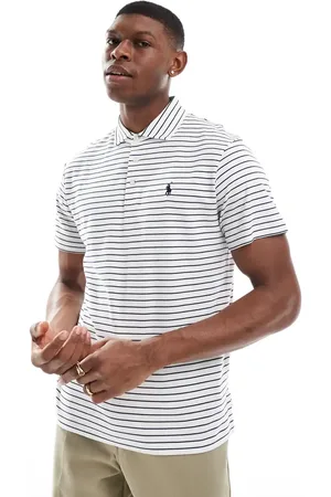 Ralph Lauren Polo blanco y azul marino a rayas de corte custom con logo distintivo de algodón pima de