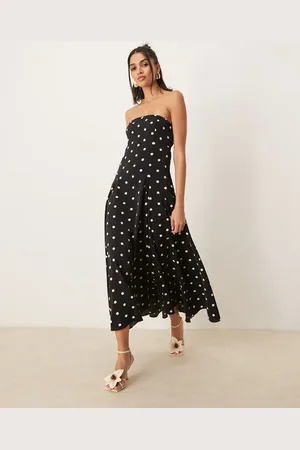 Abercrombie & Fitch Vestido midi negro asimétrico sin tirantes con estampado de lunares y cierre en la espalda de