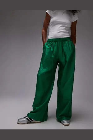 Topshop Pantalones verdes de pernera recta con cordón ajustable de satén texturizado de