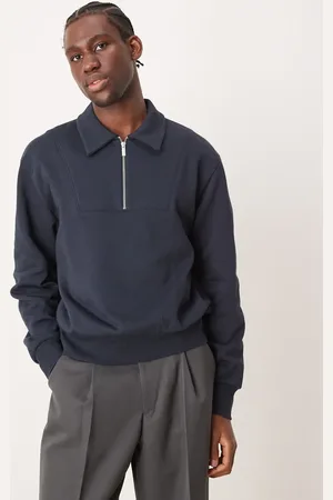 ASOS Sudadera azul marino extragrande con cremallera corta y solapas acanaladas de