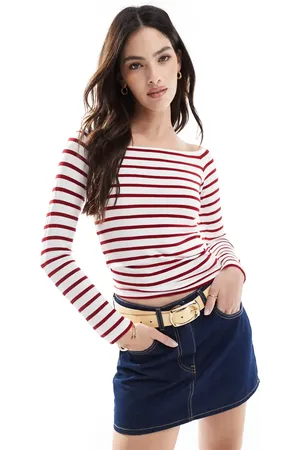 ONLY Top a rayas rojas de manga larga con cuello barco de