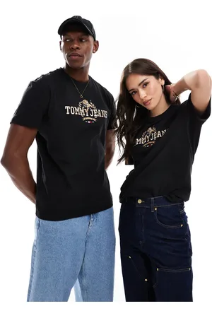 Tommy Hilfiger Camiseta negra unisex con estampado gráfico universitario de