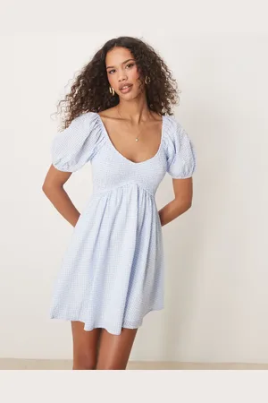 Kiss The Sky Vestido corto azul y blanco fruncido de estilo babydoll de -Multicolor