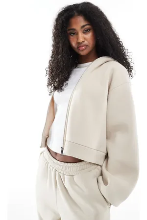 Miss Selfridge Sudadera color avena extragrande con capucha y cremallera de -Blanco