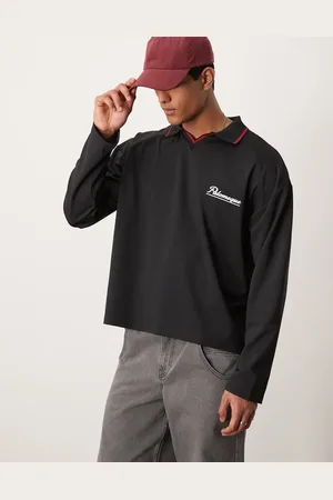 ASOS Camiseta negra de corte cuadrado extragrande con cuello tipo polo y diseño deportivo de