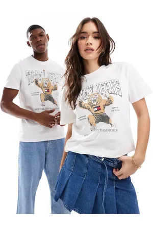 Tommy Hilfiger Camiseta blanco hueso unisex con estampado de tigre universitario de