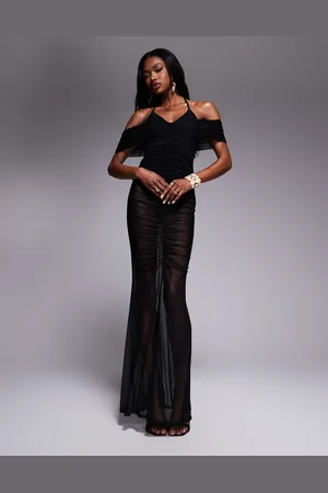 ASOS Vestido largo con cuello halter, escote Bardot superpuesto y diseño fruncido de malla transparente de