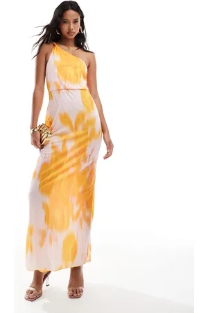 ASOS Vestido largo naranja y rosa plisado con tirante asimétrico retorcido y estampado floral de -Multicolor
