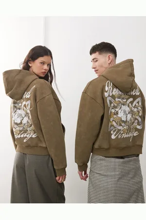Reclaimed Sudadera unisex de corte cuadrado con capucha y estampado gráfico de -Verde