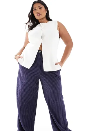 ASOS Pantalones azul marino a rayas de pernera recta holgada de mezcla de lino de Curve-Multicolor