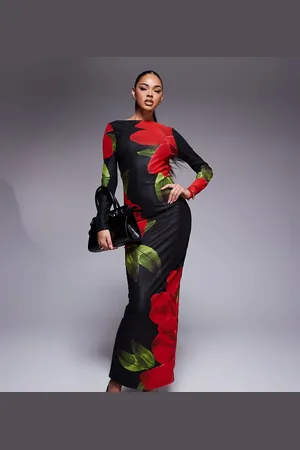 Murci Vestido largo negro y rojo ajustado con estampado floral, espalda descubierta y cuello barco de malla exclusivo de