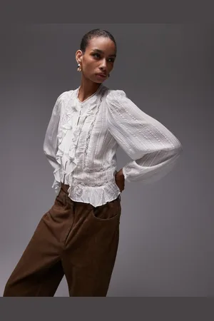 MANGO Blusa blanca con volantes e inserto de encaje de