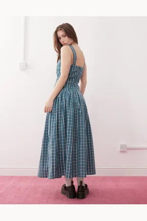 Reclaimed Vestido veraniego midi verde a cuadros con cintura baja de