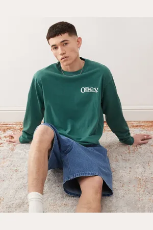 Obey Camiseta verde oscuro pigmentado de manga larga con estampado gráfico en la espalda y logo Sensory Exploration de
