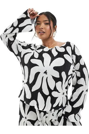 VERO MODA Top monocromático plisado de manga larga con estampado floral y cuello barco de -Negro