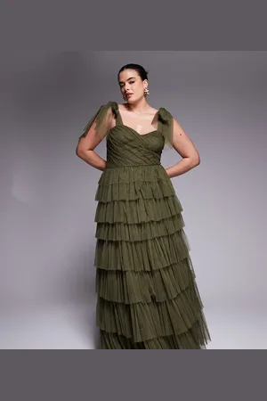 Lace & Beads Vestido largo verde escalonado con lazos en los hombros de tul de