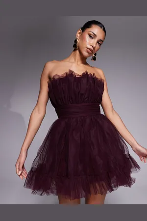 Lace & Beads Vestido corto color ciruela con diseño estructurado y escote palabra de honor de tul de -Morado