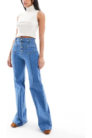 Miss Selfridge Vaqueros de talle alto y corte acampanado estilo años 70 con bolsillo de parche de -Azul
