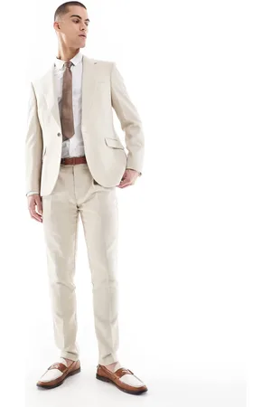 ASOS Pantalones de traje color de corte pitillo con patrón de espiga de mezcla de lana de -Neutro