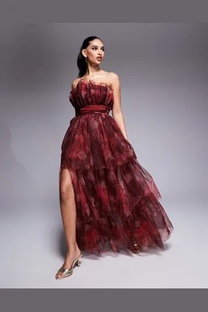 Lace & Beads Vestido largo rojo con escote palabra de honor y estampado floral de rosas de tul de