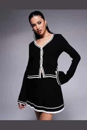 Missyempire Cárdigan negro con ribete monocromático en contraste de Missy Empire (parte de un conjunto)