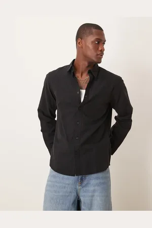 SELECTED Camisa negra de corte slim de mezcla de lino de