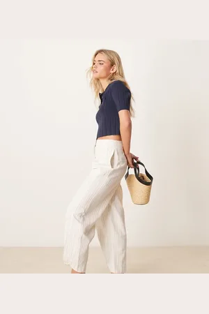 ASOS Pantalones de sastre color crudo a rayas con trabilla multiposición en el bajo de lino de Petite-Multicolor