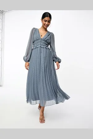 ASOS Vestido midi plisado con cintura fruncida y botones de plumeti metalizado de