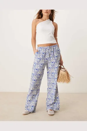 JDY Pantalones azules de pernera ancha con estampado de mosaico y lazada en la cintura de -Blanco