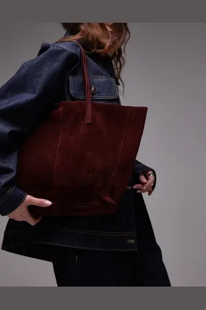 MANGO Bolso tote de hombro de ante de -Rojo
