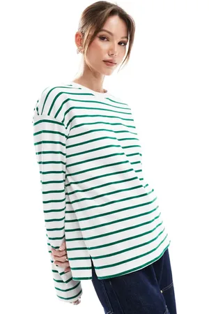 Pimkie Camiseta blanca a rayas verdes de manga larga con cuello redondo de -Multicolor