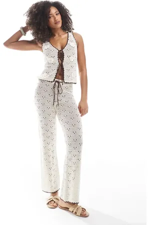 The Frolic Pantalones playeros color de pernera ancha con lazada en contraste de punto de croché exclusivos de (parte de un conjunto)-Blanco