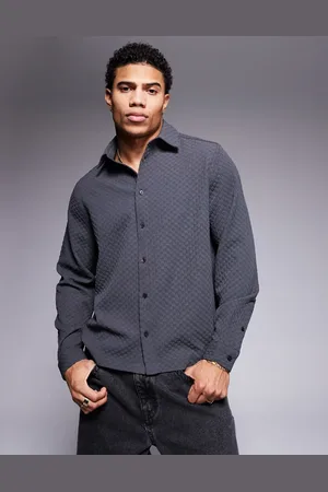ASOS Camisa gris carbón a cuadros de corte cuadrado estándar de
