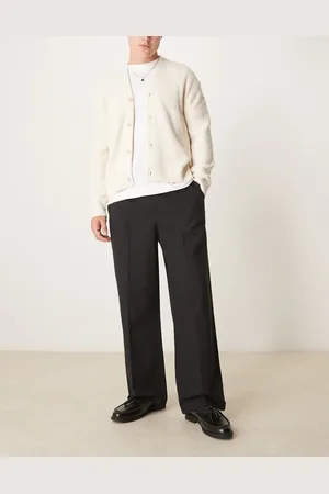 ASOS Pantalones negros de corte tapered extragrande con cinturilla elástica de mezcla de algodón y lino de