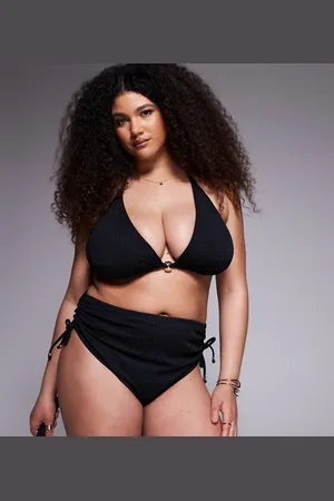 ASOS Braguitas de bikini negras de talle y pernera altos con cuentas doradas Tayla de ASOS DESIGN Curve