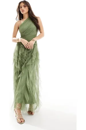 Lace & Beads Vestido de dama de honor largo verde oliva pálido asimétrico con volantes efecto cascada de