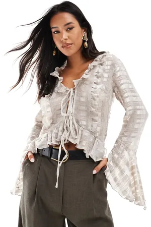 ASOS Blusa color a rayas a tono con lazada delantera y volantes de -Marrón