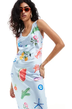ASOS Vestido lencero midi azul de corte al bies con diseño estampado y cuello de canalé de -Multicolor