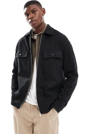 Only & Sons Sobrecamisa negra con cremallera de sarga gruesa de