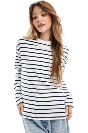 Pimkie Camiseta blanca a rayas azul marino de manga larga con cuello redondo de -Multicolor