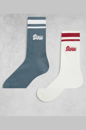 Dickies Pack de 2 pares de calcetines de color blanco hueso y azules de caña alta con detalle a rayas Lewistown de